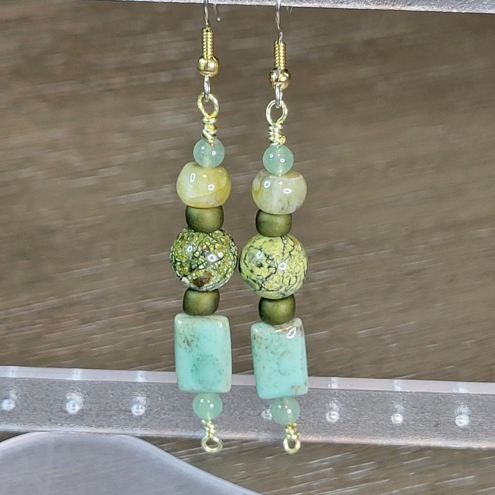 Handmade Green Jasper, Serpentine, Ceramic, Glass Beaded Earrings 1 Pair Pierced